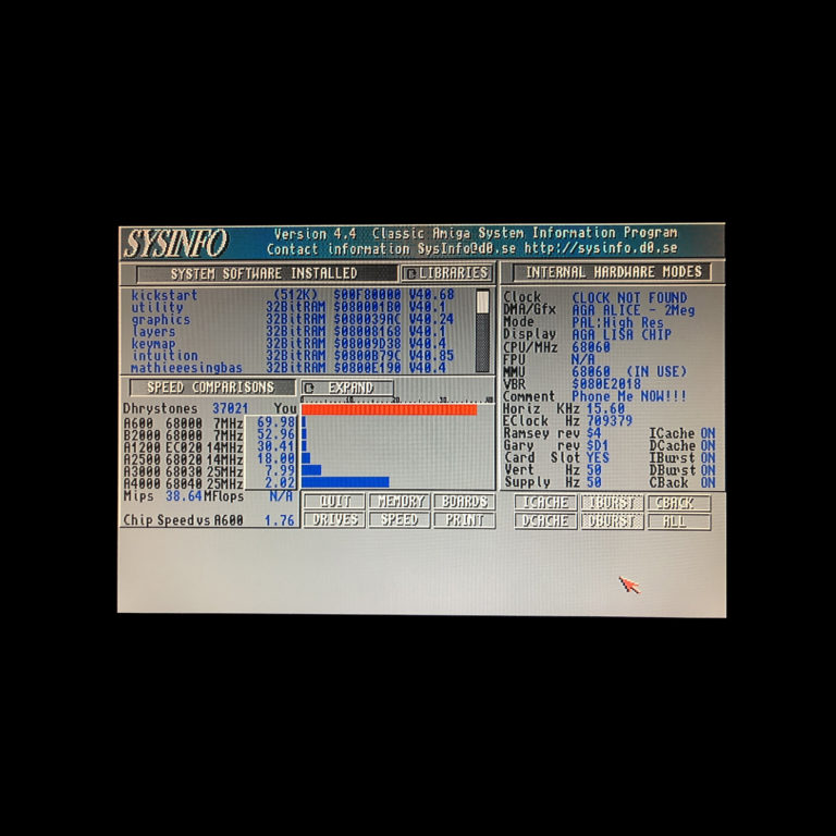 SysInfo speed screen of an Amiga 1200 with a TF1260 and MC68LC060 CPU