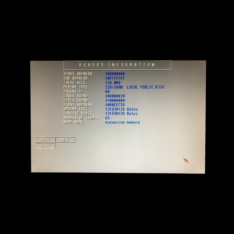 SysInfo memory screen showing 128 MB of Fast RAM on an Amiga 1200 with TF1260