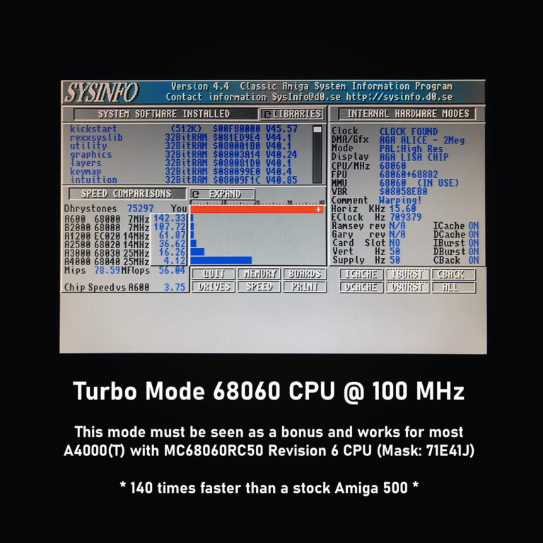 SysInfo screenshot of an Amiga 4000 with BFG9060, 68060 at 100 MHz