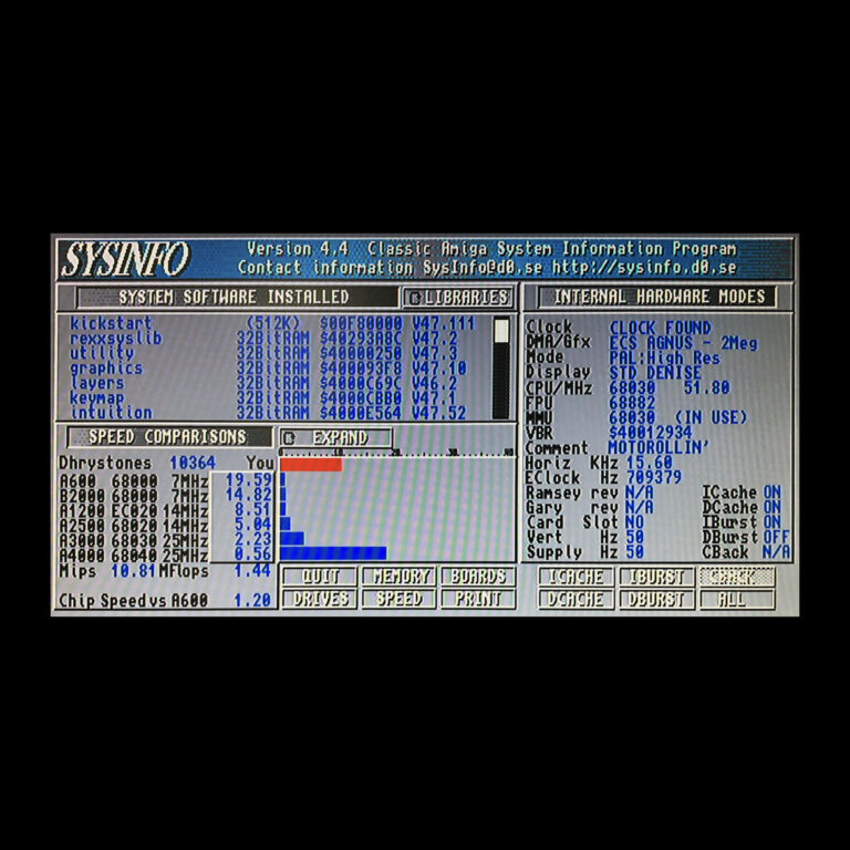SysInfo screenshot of an Amiga with TK68030v2 at 51.8 MHz