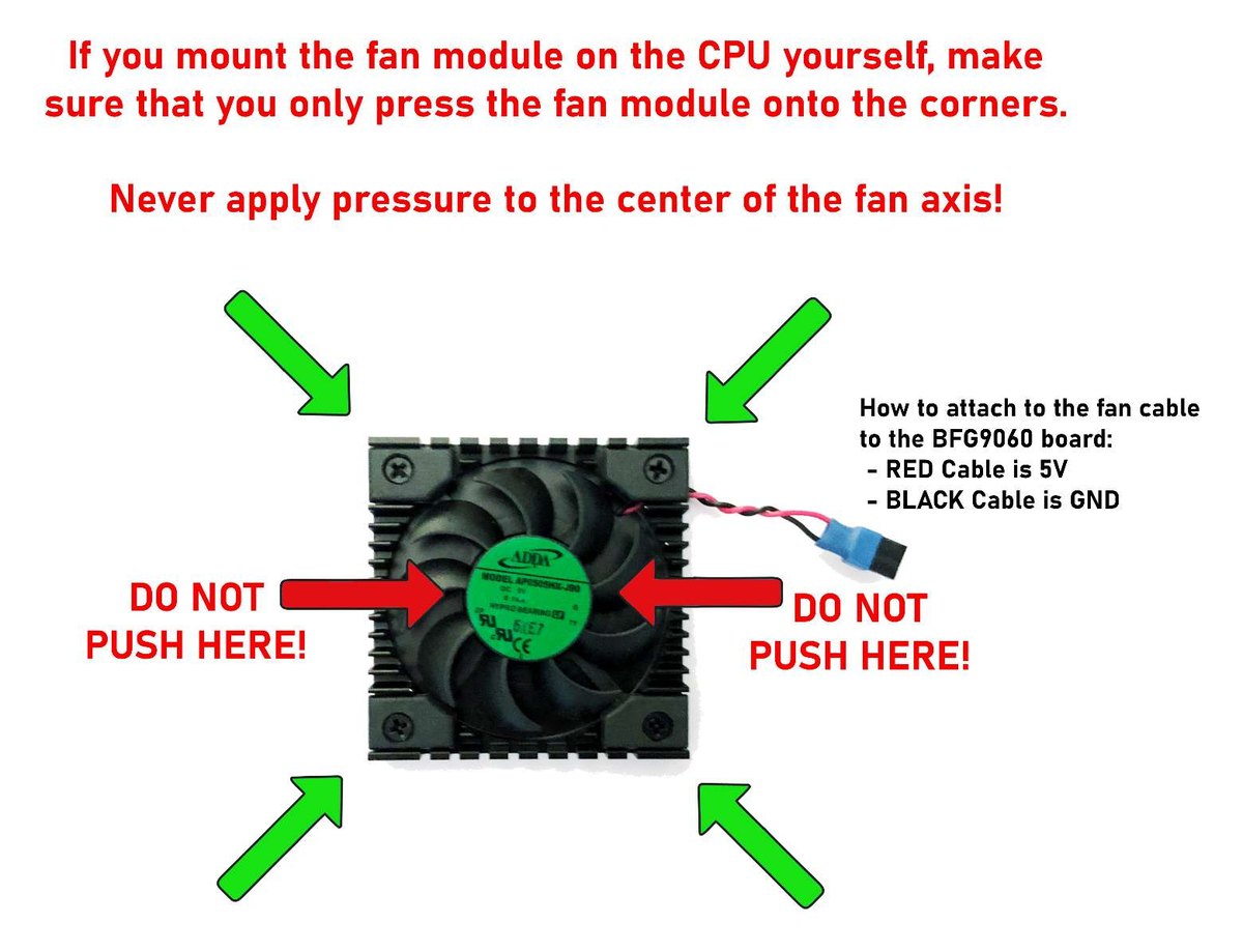 How to press the fan module onto the CPU: only at the corners