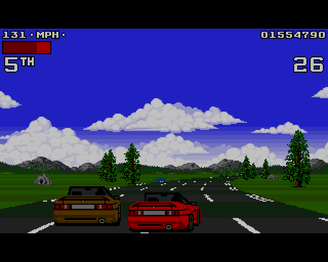 Lotus Turbo Challenge 2 en el Amiga: dos coches compitiendo en una carretera