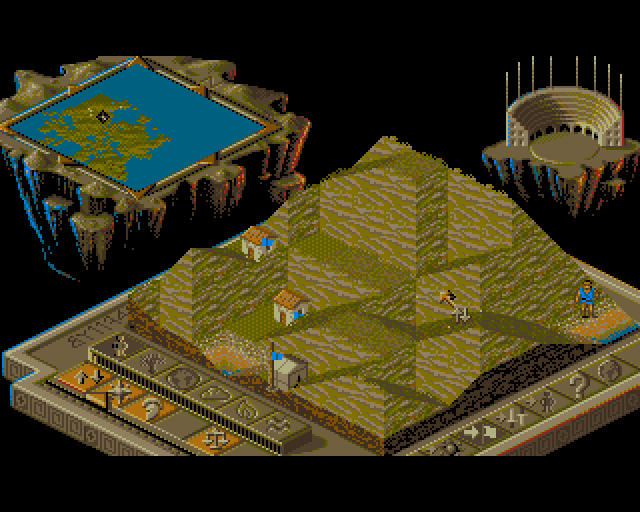 Populous II en el Amiga: terreno elevado y asentamientos en una isla