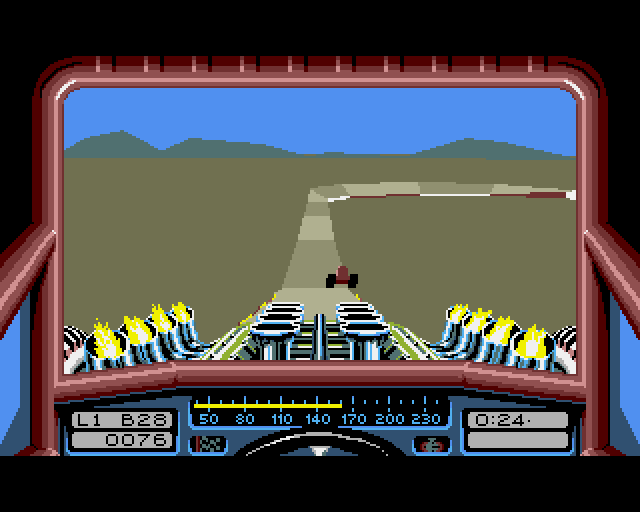 Stunt Car Racer en el Amiga: vista desde la cabina sobre una pista elevada