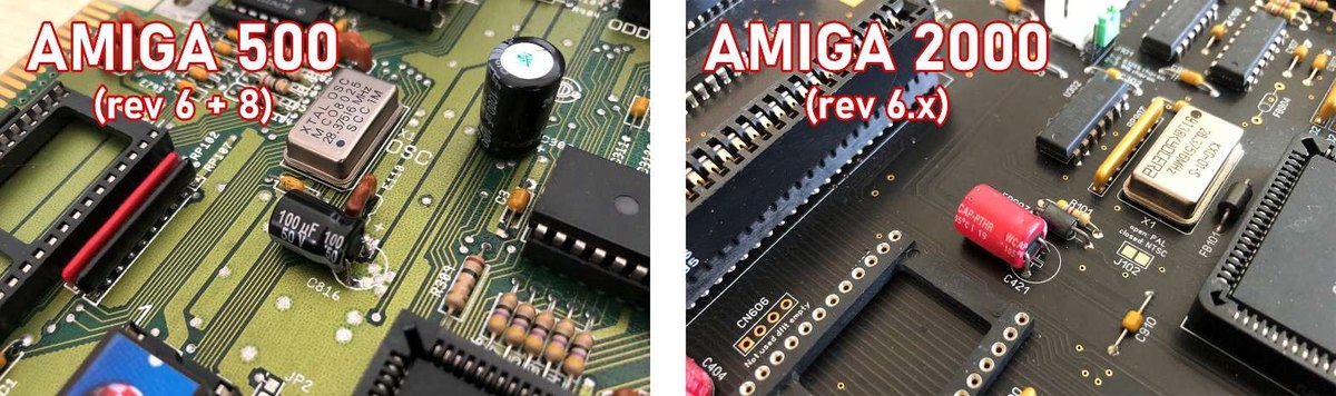Capacitors next to the 68000 socket on the Amiga 500 rev 6/8 and Amiga 2000 rev 6.x